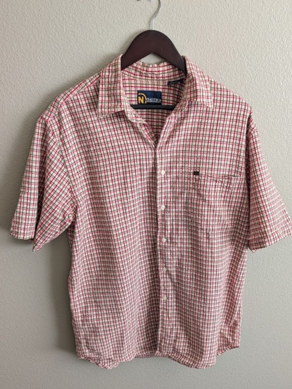 Vintage Nautica Jeans Co Medium Red Plaid Short Sleeve Button Up Cotton Shirt